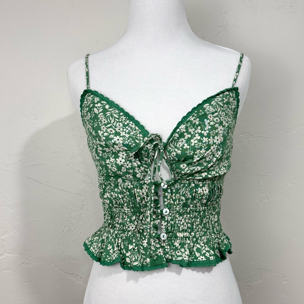 ASTR Green Floral Tie Crop Top Small Pleated Festival Summer Beach Resort Boho